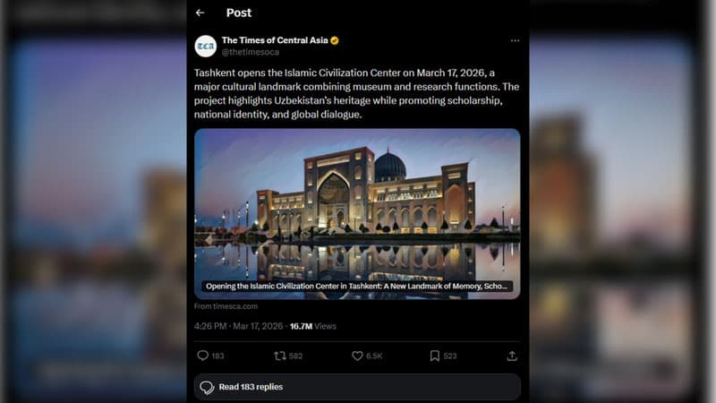 News about the Islamic Civilization Center in Uzbekistan surpassed 16 million views on the “X” platform, matching Elon Musk’s posts