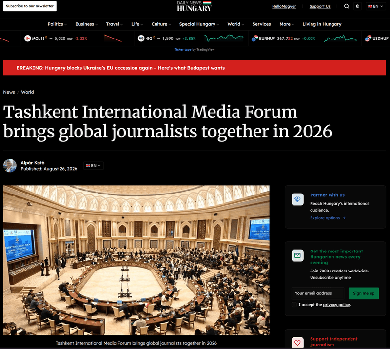 Daily News Hungary: “Tashkent International Media Forum brings global journalists together in 2026”