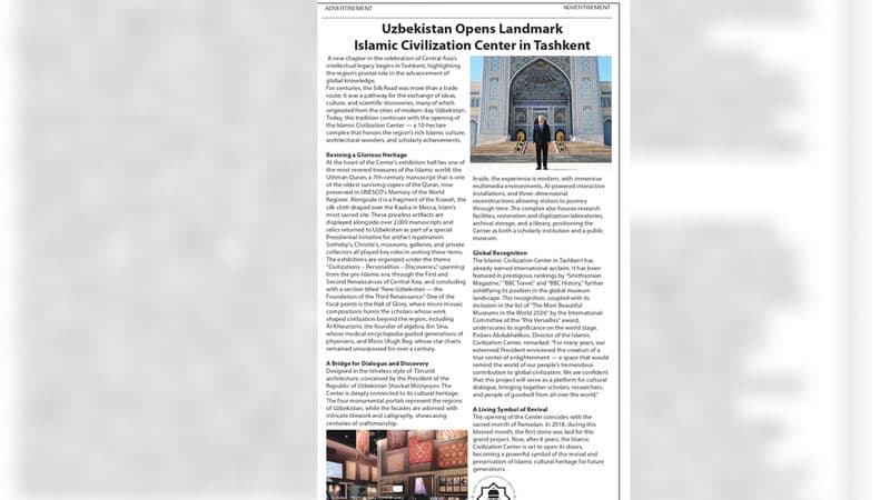 The Washington Post: “Uzbekistan Opens Landmark Islamic Civilization Center in Tashkent”